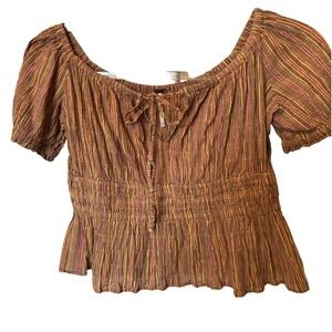 Free People Striped Smocked Peplum Top Womens Size‎ S Brown Pink Puff Sleeve